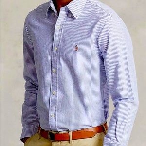 Ralph Lauren Yarmouth 100% cotton pinpoint oxford blue stripe 18 x 36/37